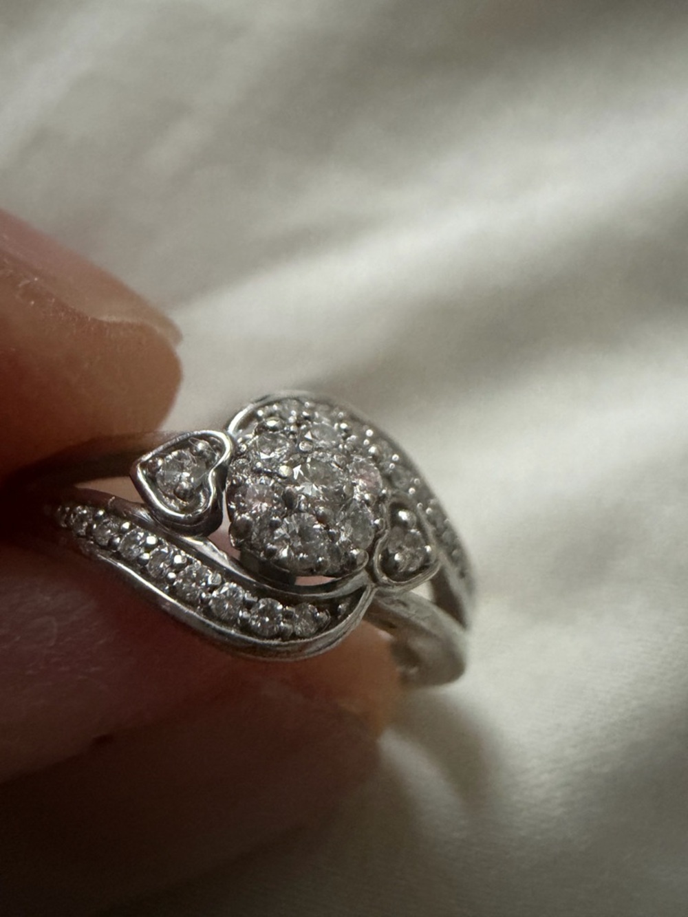 Silver-Tone Heart Accent Cluster Diamond Ring - White